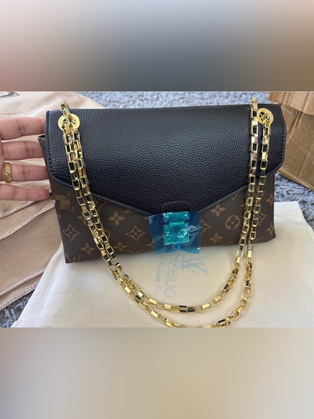 Black & Brown Chain Shoulder Bag with Gold Hardware